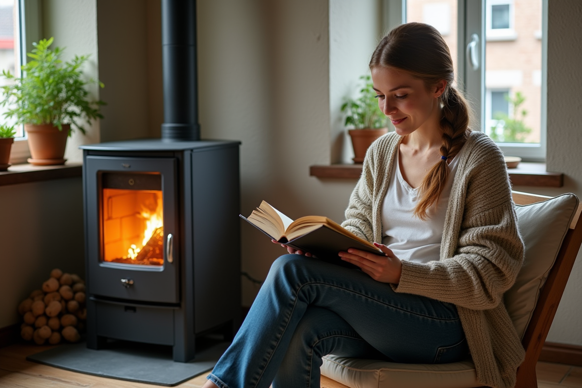Jeune femme lisant près d’un poêle à pellets dans une cuisine chaleureuse