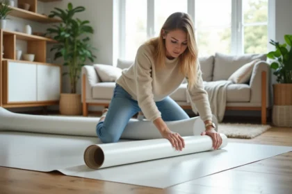Jeune femme pose un revêtement PVC dans un salon lumineux