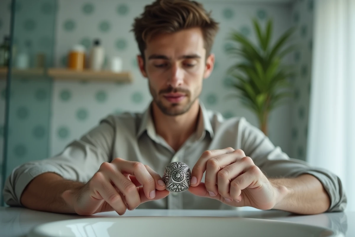 Jeune homme examinant une bague vintage en argent dans la salle de bain