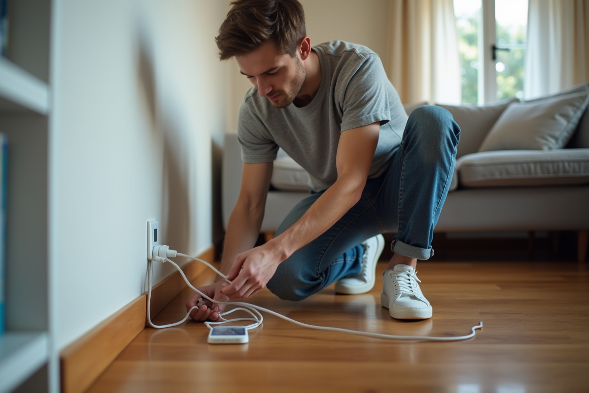 Jeune homme débranchant un chargeur de téléphone dans le salon
