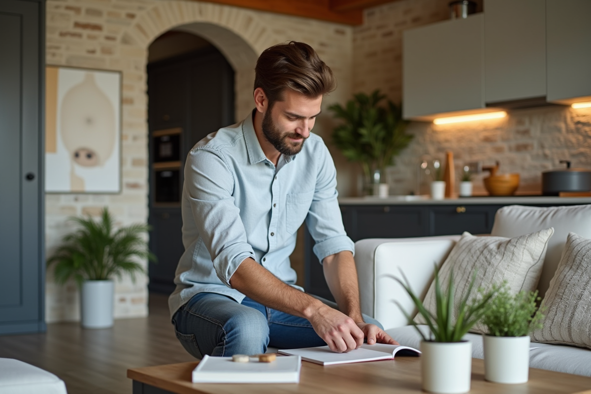 Jeune homme arrangeant la décoration dans une cuisine moderne