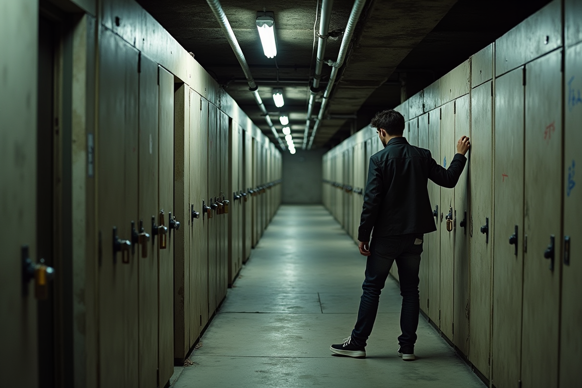 Jeune homme déverrouillant un cellier souterrain