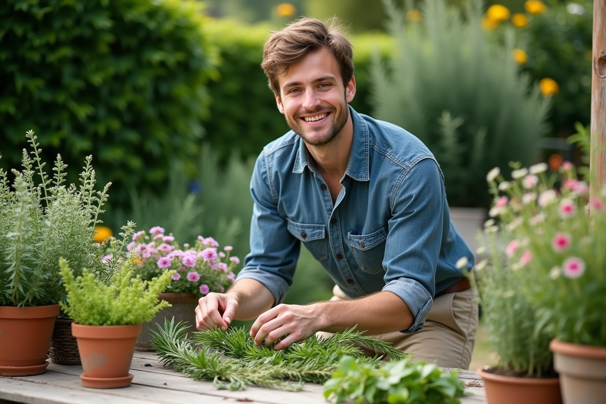 Jeune homme tressant une couronne de plantes aromatiques