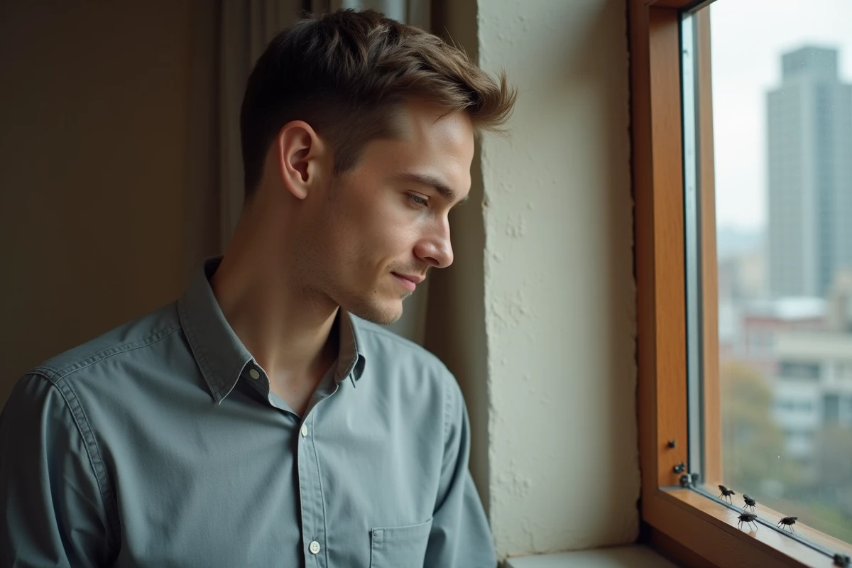 Jeune homme observant des mouches sur le rebord de fenêtre