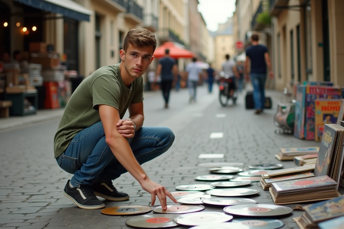 Jeune homme triant des vinyles et BD dans la rue à Montpellier