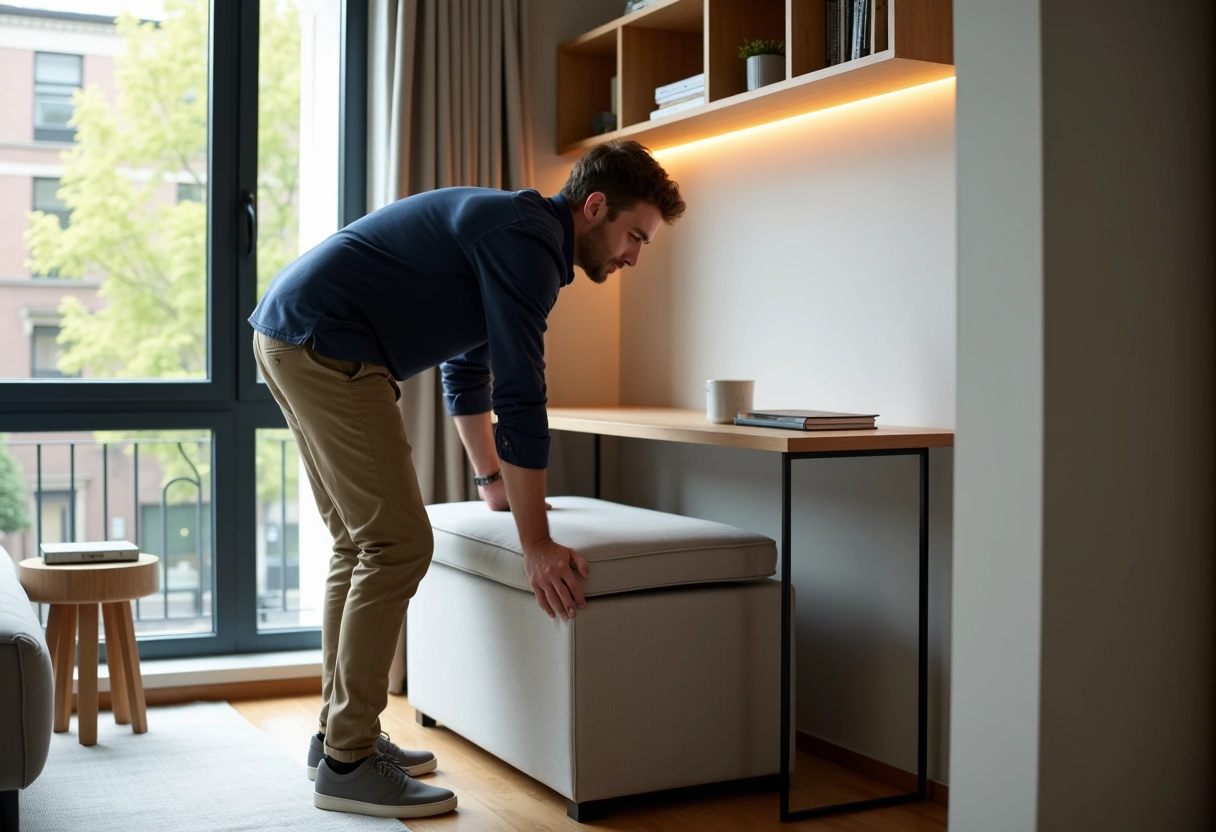 Jeune homme glissant un ottoman dans un appartement urbain