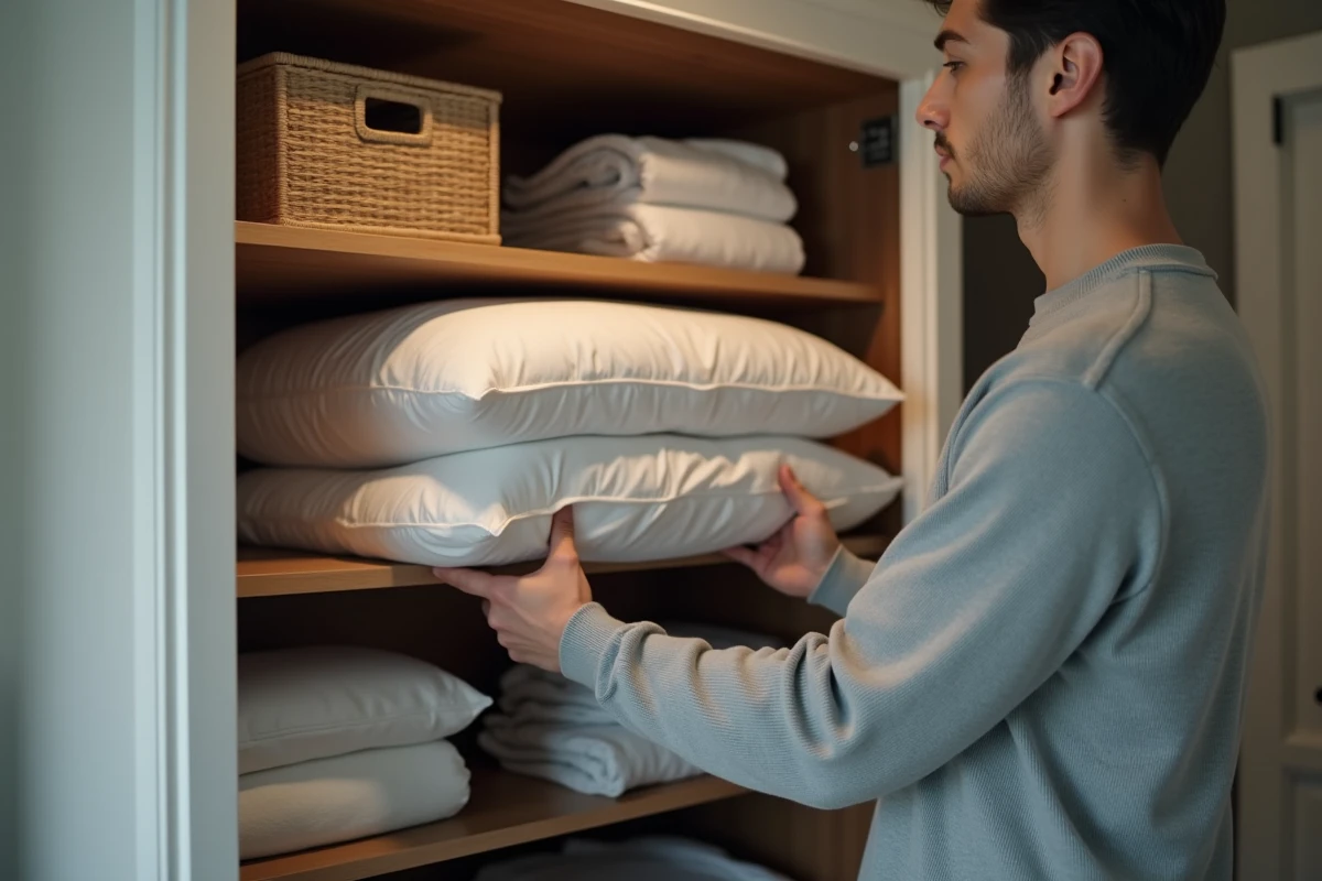 Jeune homme range un duvet dans une armoire organisée