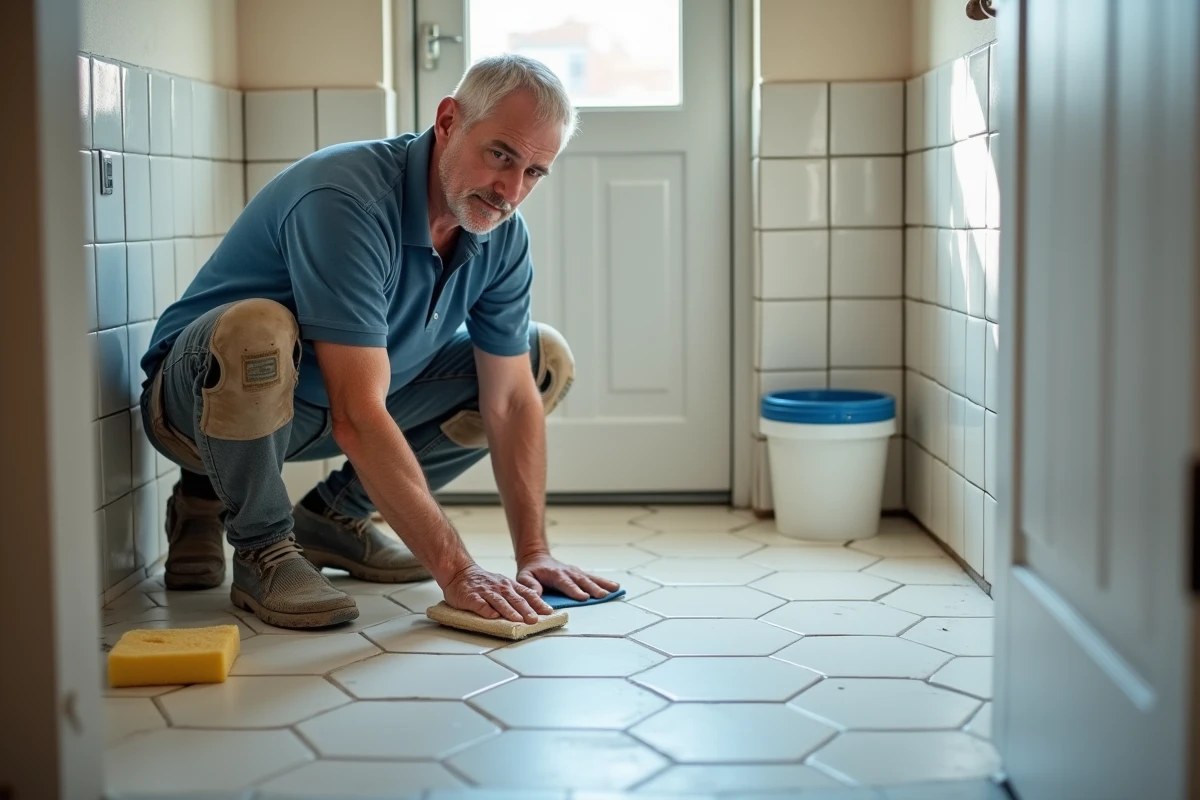 Carreleur expérimenté appliquant le joint de carrelage sur un sol de salle de bain en hexagone blanc dans une maison particulière