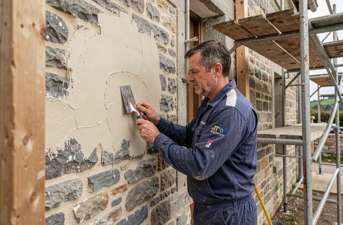 Artisan de JT' Renov effectuant la rénovation d'une façade en pierre ancienne dans le Grand Est, appliquant un enduit frais avec une truelle