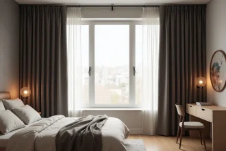 Kit tringle à rideau avec rideaux occultants en lin gris dans une chambre minimaliste scandinave