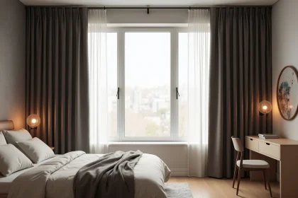 Kit tringle à rideau avec rideaux occultants en lin gris dans une chambre minimaliste scandinave