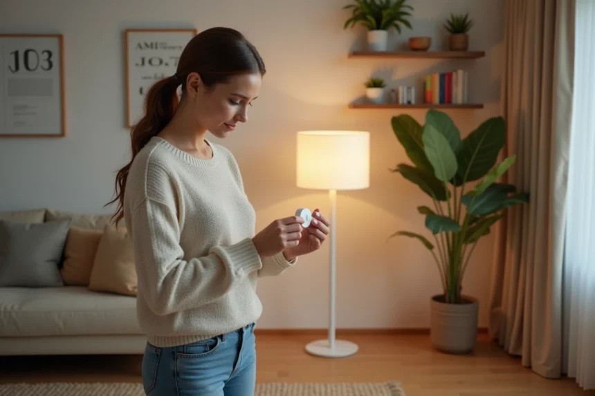 Femme ajustant la lampe halogen dans un salon cosy