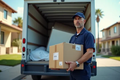 Livreur tenant un carton devant un camion de livraison avec un réfrigérateur couché sur le côté à l'intérieur