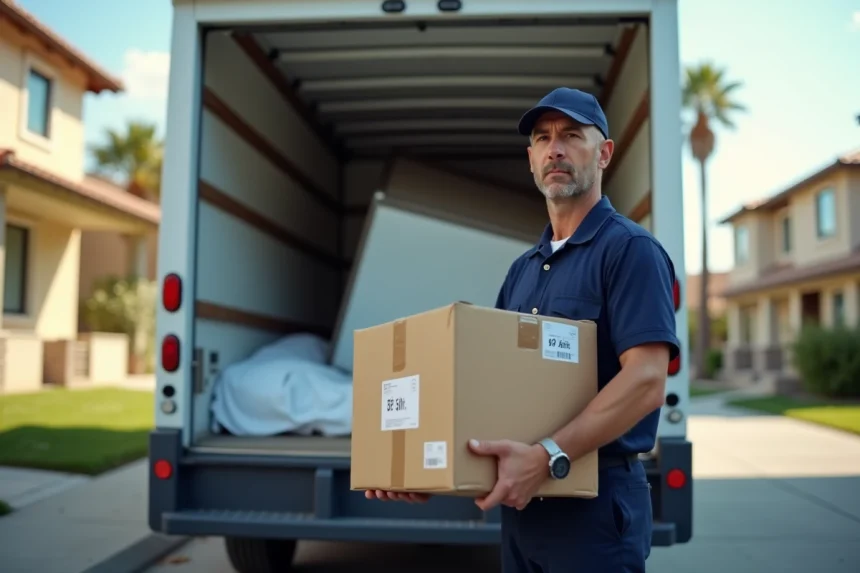 Livreur tenant un carton devant un camion de livraison avec un réfrigérateur couché sur le côté à l'intérieur