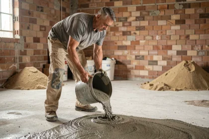 Maçon versant un mélange de chape ciment sur un plancher brut dans un chantier intérieur