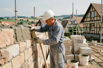 Maçon professionnel au travail sur un chantier dans le Grand Est, appliquant du mortier sur un mur en pierre avec le paysage alsacien en arrière-plan