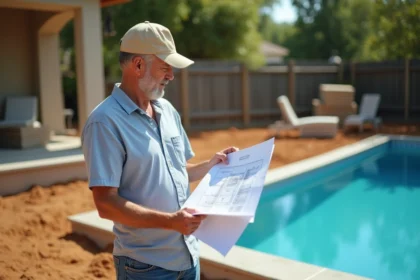 Homme attentif étudiant un devis piscine en chantier