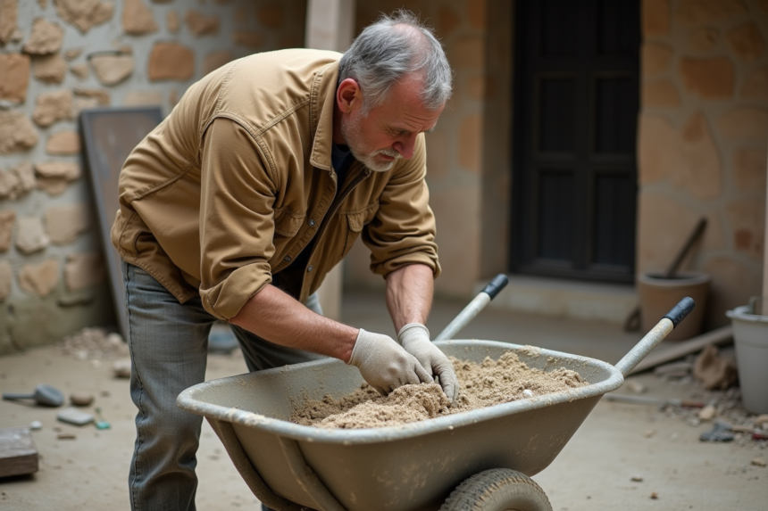 Maçon mélangeant lime et sable dans un cour rustique