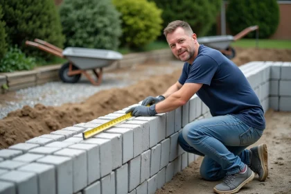 Maçon expérimenté mesurant un mur de briques en extérieur