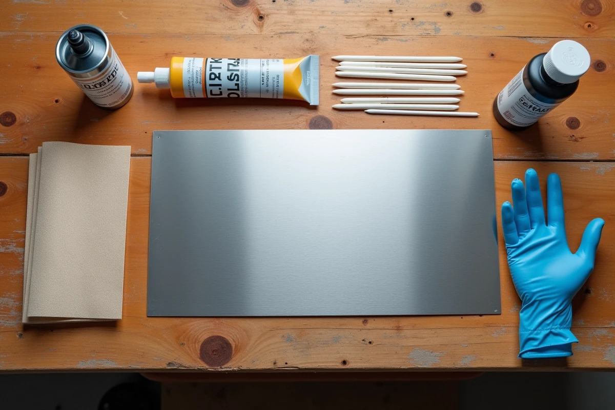 Vue de dessus des matériaux nécessaires pour coller du plastique sur du métal poli ou peint : colle époxy, apprêt, papier de verre et pièce plastique sur un établi en bois