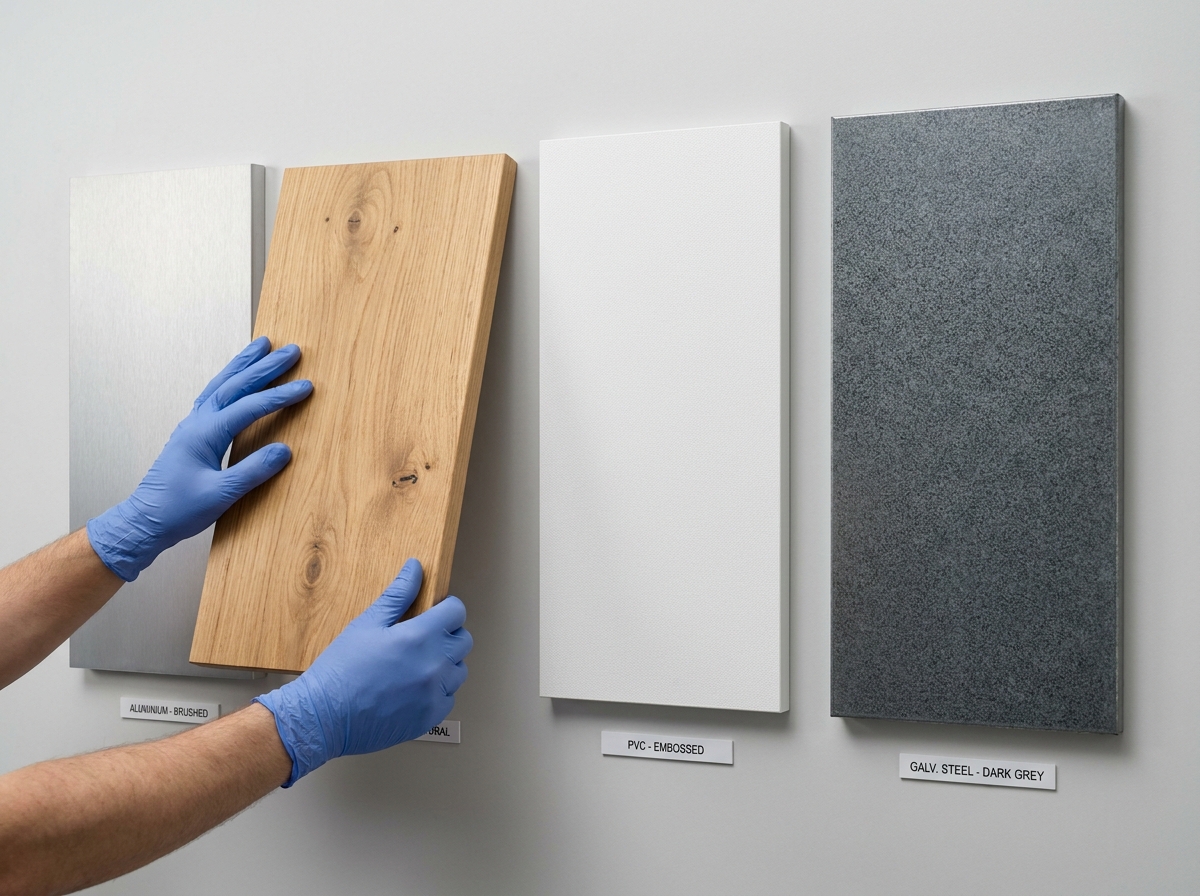 Comparaison de quatre échantillons de matériaux de porte d'entrée : aluminium, bois, PVC et acier, côte à côte en showroom