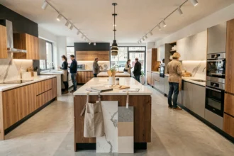 Vue panoramique d'un showroom de cuisinistes dans les Deux-Sèvres présentant plusieurs espaces cuisine aménagés