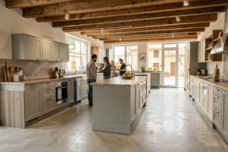 Showroom de cuisinistes dans le Tarn avec plusieurs modèles de cuisines exposés et des clients en consultation