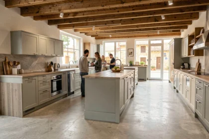 Showroom de cuisinistes dans le Tarn avec plusieurs modèles de cuisines exposés et des clients en consultation