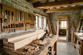 Atelier de menuiserie artisanale en Maine-et-Loire avec outils traditionnels et planches de bois empilées