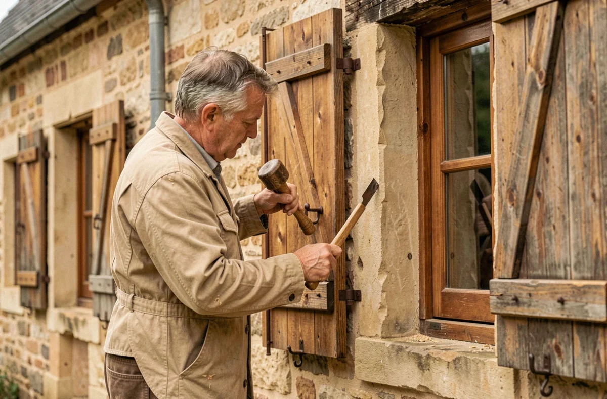 Artisan de la Menuiserie Guesdon posant un volet traditionnel en bois sur une maison en pierre du Maine-et-Loire