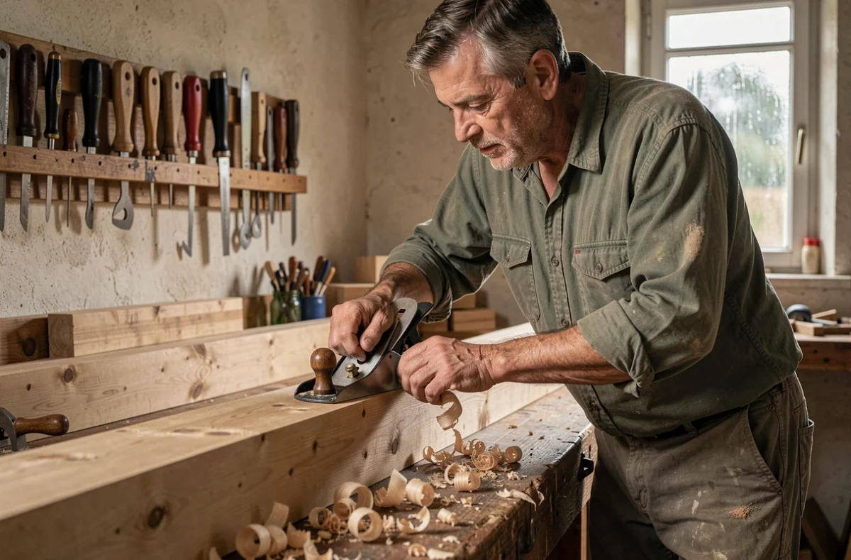 Artisan de la Menuiserie Menuau rabot à la main une poutre en bois dans son atelier de Gennes-Val-de-Loire