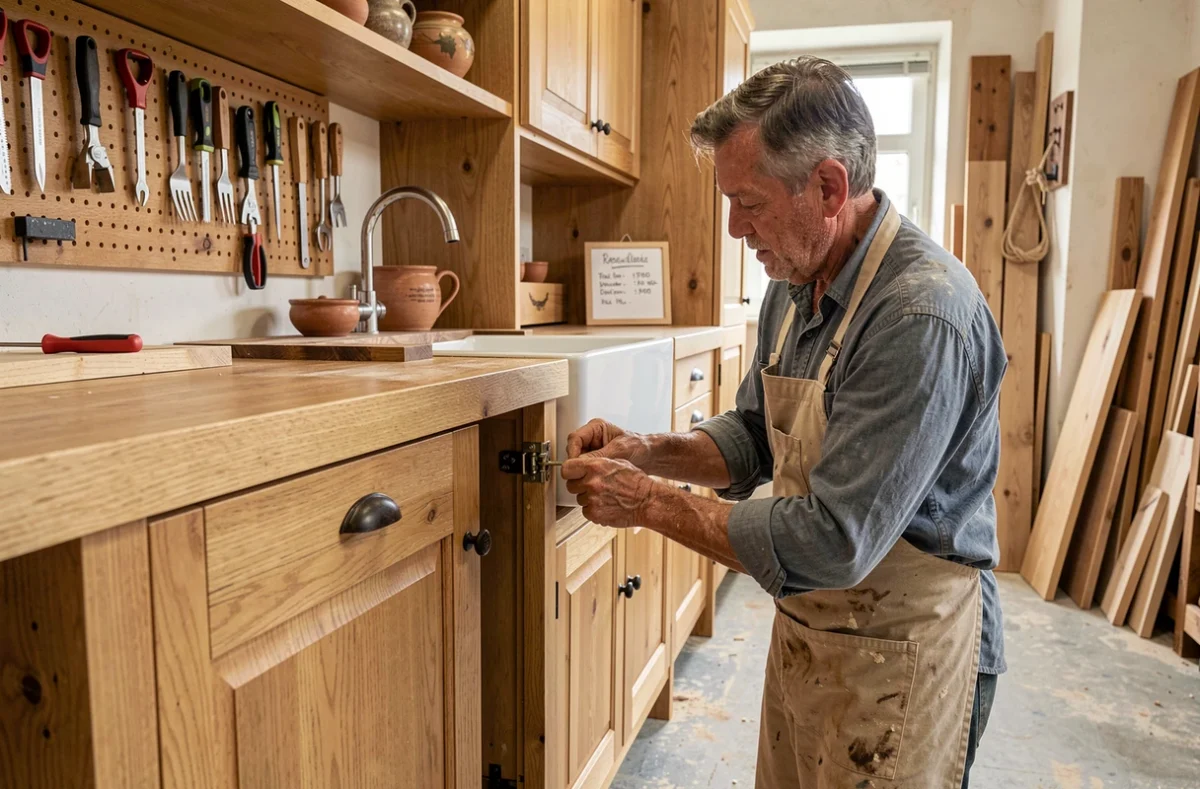 Menuiserie Music à Réalmont avec un artisan ajustant une charnière sur une cuisine en chêne massif dans son atelier