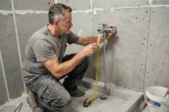 Plombier mesurant la hauteur d'un mitigeur douche encastré avant la pose du carrelage dans une salle de bain en rénovation