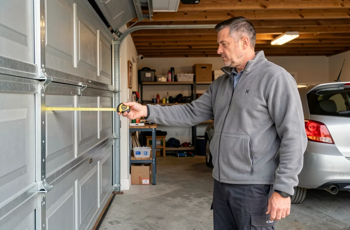 Homme mesurant la largeur d'une porte de garage sectionnelle ouverte avec un mètre ruban jaune