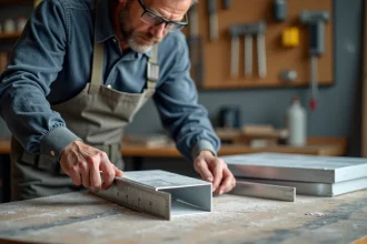 Menuisier mesurant une section de tube rectangulaire en aluminium sur un établi d'atelier pour la construction d'une mezzanine