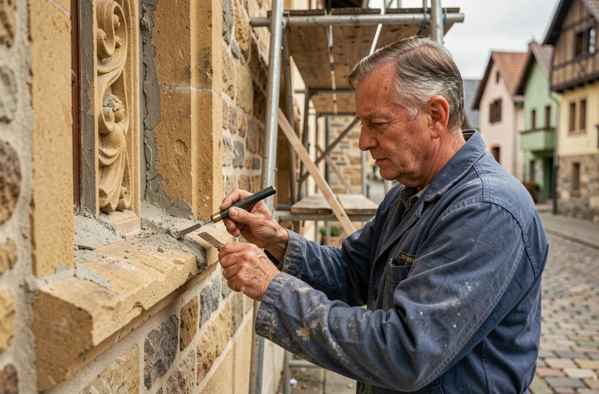 Maçon de Milac restaurant le tour d'une fenêtre en grès sculpté sur un bâtiment historique alsacien, avec des outils de taille de pierre fins
