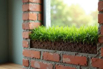 Coupe d'un mur moderne avec isolation en herbe verte
