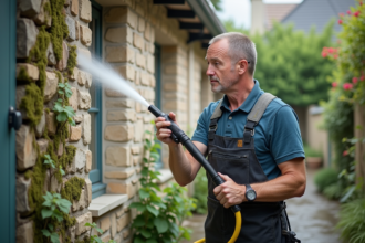 Ouvrier utilisant un nettoyeur haute pression sur une façade