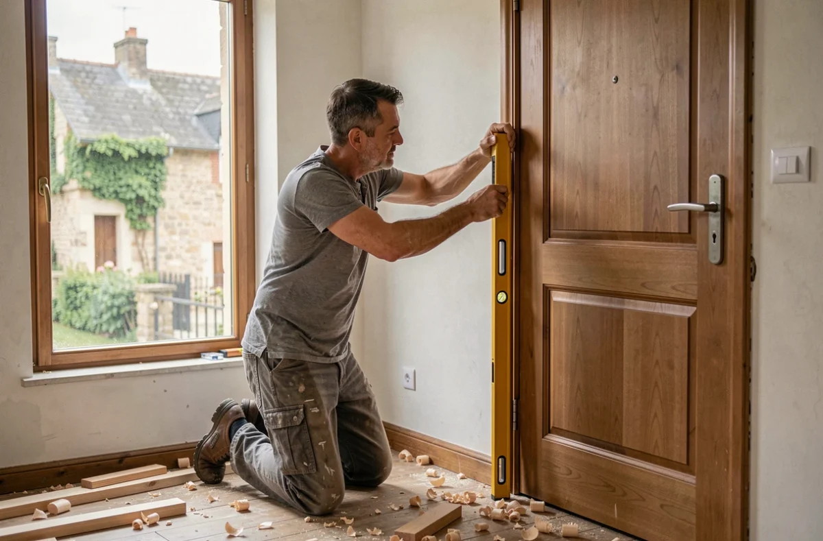 Menuisier Noyer posant une porte intérieure en bois massif dans une maison de Saint-Clément-de-la-Place