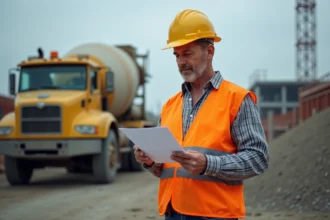 Ouvrier de construction avec casque et gilet réfléchissant à côté d'un camion malaxeur
