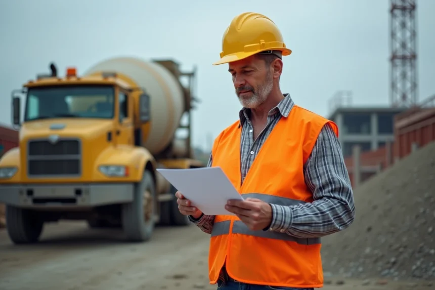 Ouvrier de construction avec casque et gilet réfléchissant à côté d'un camion malaxeur