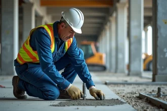 Ouvrier en bleu appliquant du ciment sur un chantier
