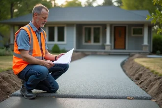 Ouvrier en travaux examine des documents devant une nouvelle allée en béton exposé