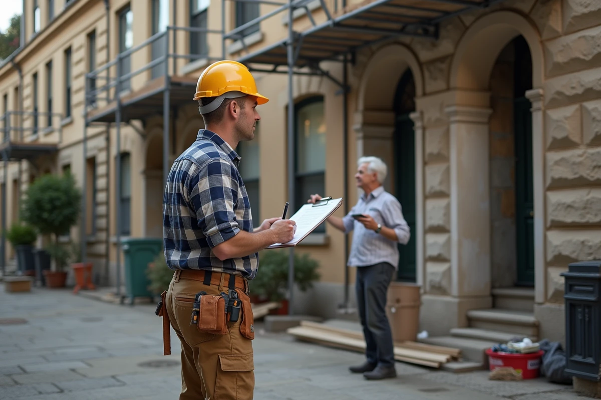 Ouvrier et propriétaire devant façade en rénovation d une maison ancienne