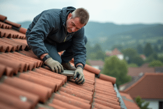 Ouvrier toiture posant une pierre sur des tuiles en terre cuite