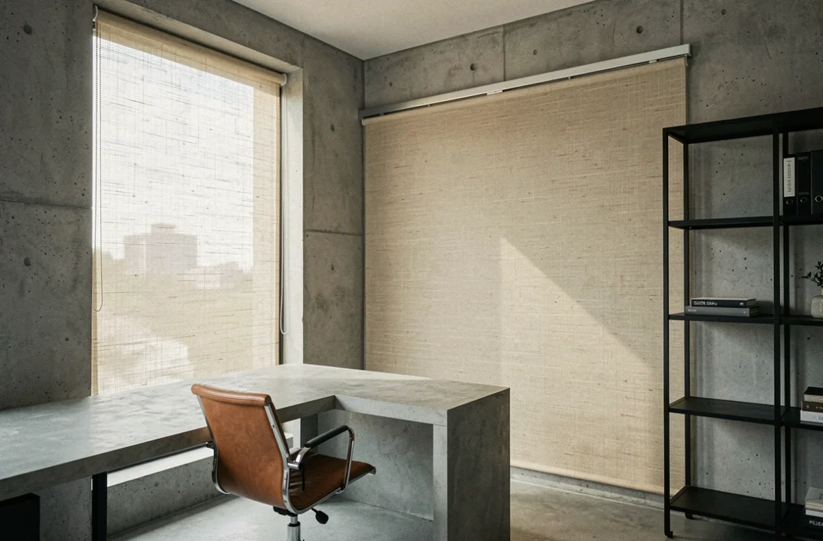 Panneau shoji en papier washi sur rail aluminium occultant une fenêtre de bureau minimaliste sans rideau