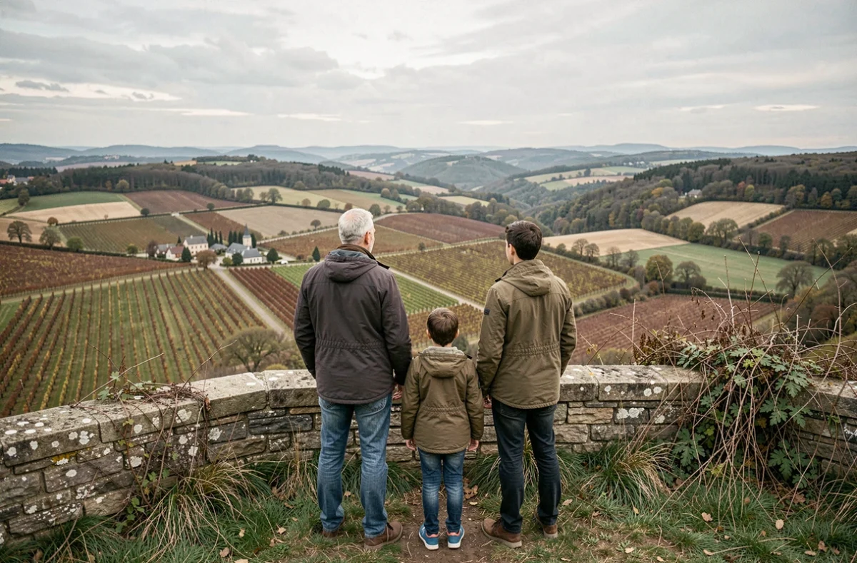 Famille contemplant le panorama de la campagne bourguignonne depuis un belvédère proche du Bois d'Ormes le week-end