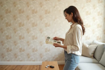 Femme comparant des échantillons de papier peint beige à motifs floraux dans un salon décoré avec soin
