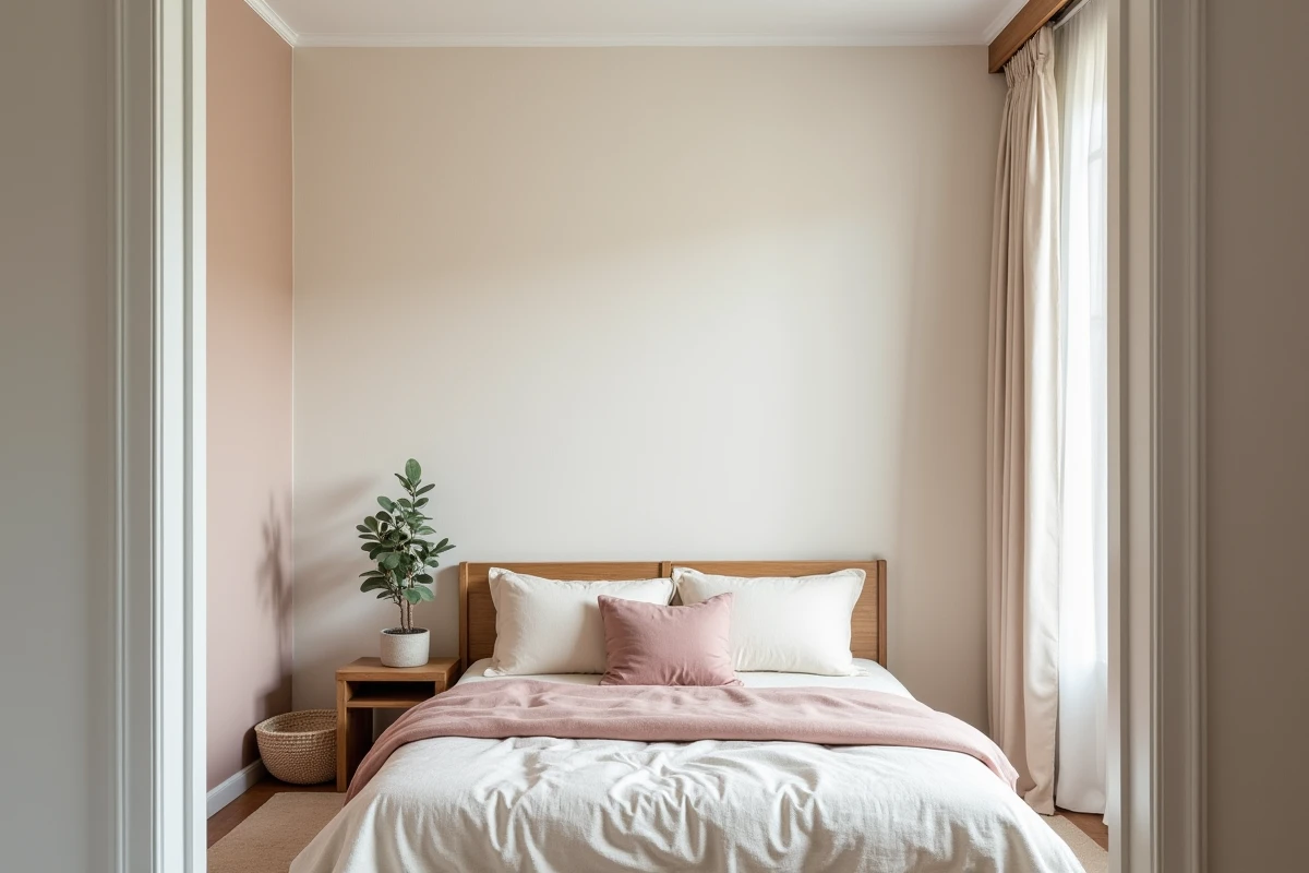 Chambre rénovée avec papier peint uni beige texturé en lin sur un mur accent et décoration scandinave épurée