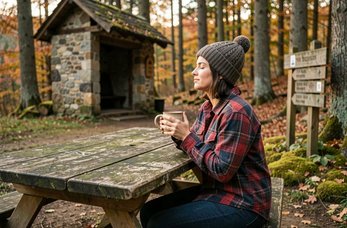 Femme se reposant dans une clairière du Bois d'Ormes en Bourgogne avec une tasse de café lors d'un week-end nature